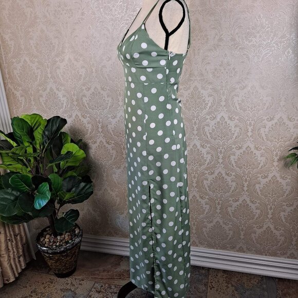 SBEtro Size Small Green Midi Dress White Polka Dots Spaghetti Straps V-Neck NWOT - Picture 5 of 14